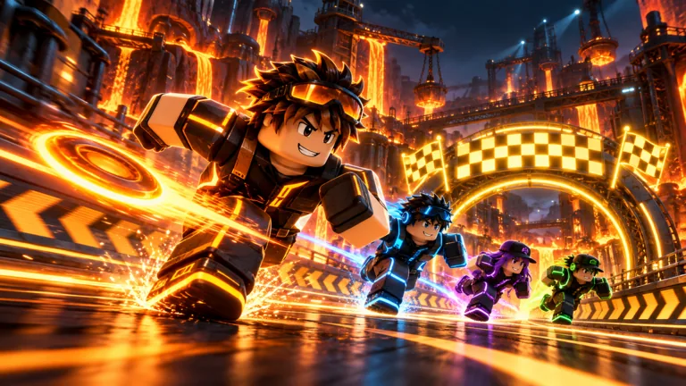 Four Roblox racers sprinting down a glowing track through the molten Stormworks Foundry in Sprint x Duel